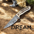 Handmade Damascus belt knife with stag horn handle and Western leather sheath, 7-inch blade by Knives Gear Garage.