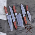 Handmade Damascus steel kitchen knives set with rosewood handle and leather sheath, featuring a 13-inch chef knife from Knives Gear Garage.