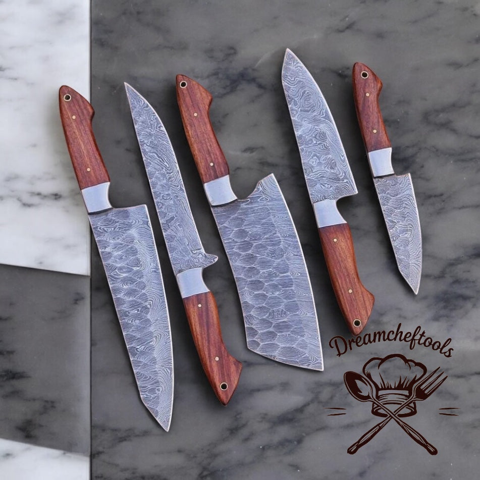 Handmade Damascus steel kitchen knives set with rosewood handle and leather sheath, featuring a 13-inch chef knife from Knives Gear Garage.