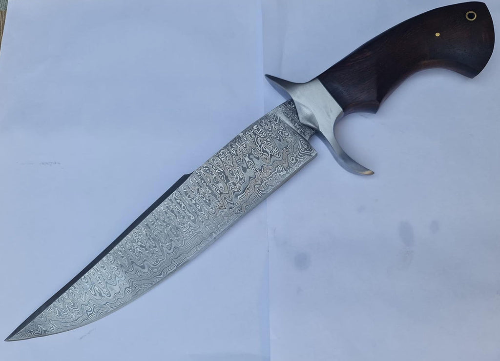 Premium 15-inch Damascus steel Bowie knife with rosewood handle, steel guard, and leather sheath by Knives Gear Garage