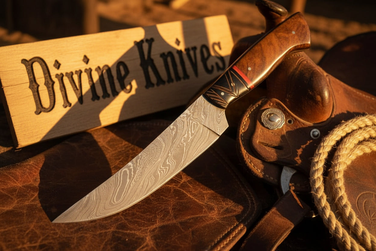 Brown Wood Damascus Knife Accented with a Bold Red Band