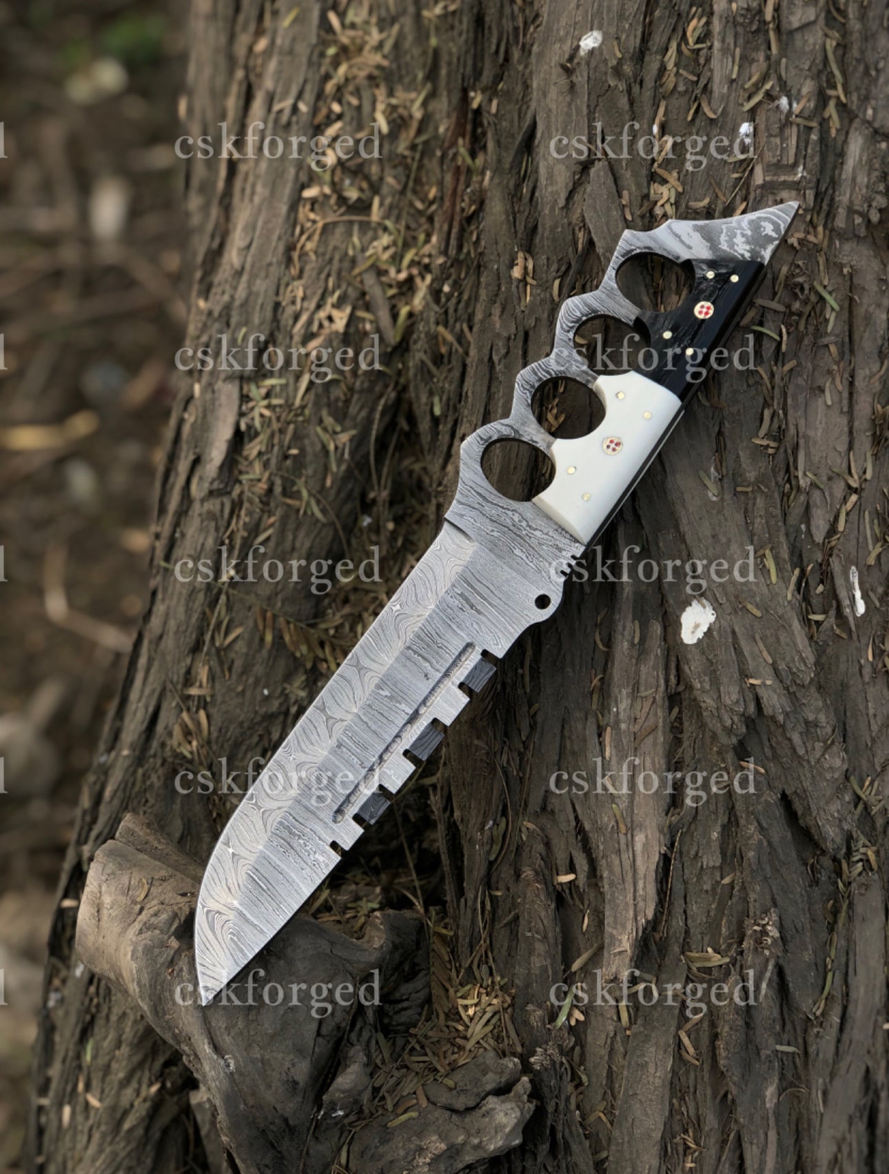Black & White Edition Damascus Tactical Knuckle Camping Knife with Full Tang handle