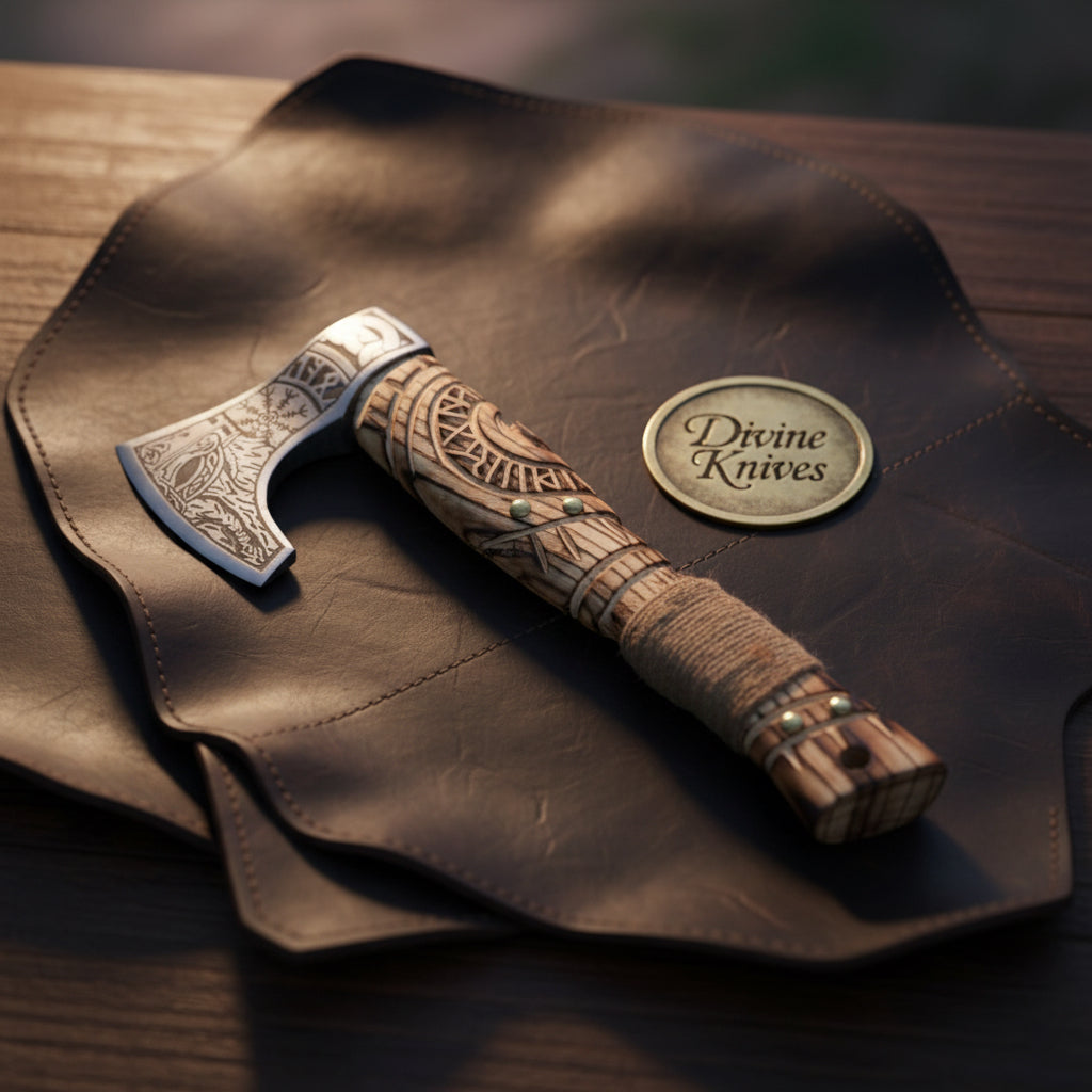 Norse Symbols Engraved Hatchet with Carved Wood Handle - outdoor hatchet | Relic & Reel