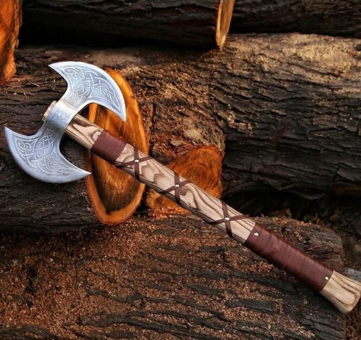Custom handmade double-blade knife with engraved D2 steel blades and ash wood handle, includes leather sheath.