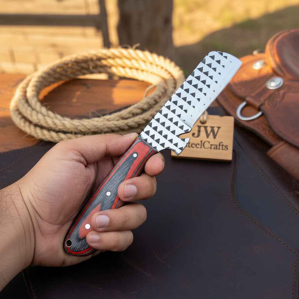 Skyvein Bull Cutter Knife set with 7-inch handmade carbon steel blades and resin handles by JW Steelcrafts.