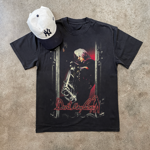 Black Devil May Cry promo T-shirt by Parallel featuring a graphic design on the front, classic fit casual style.