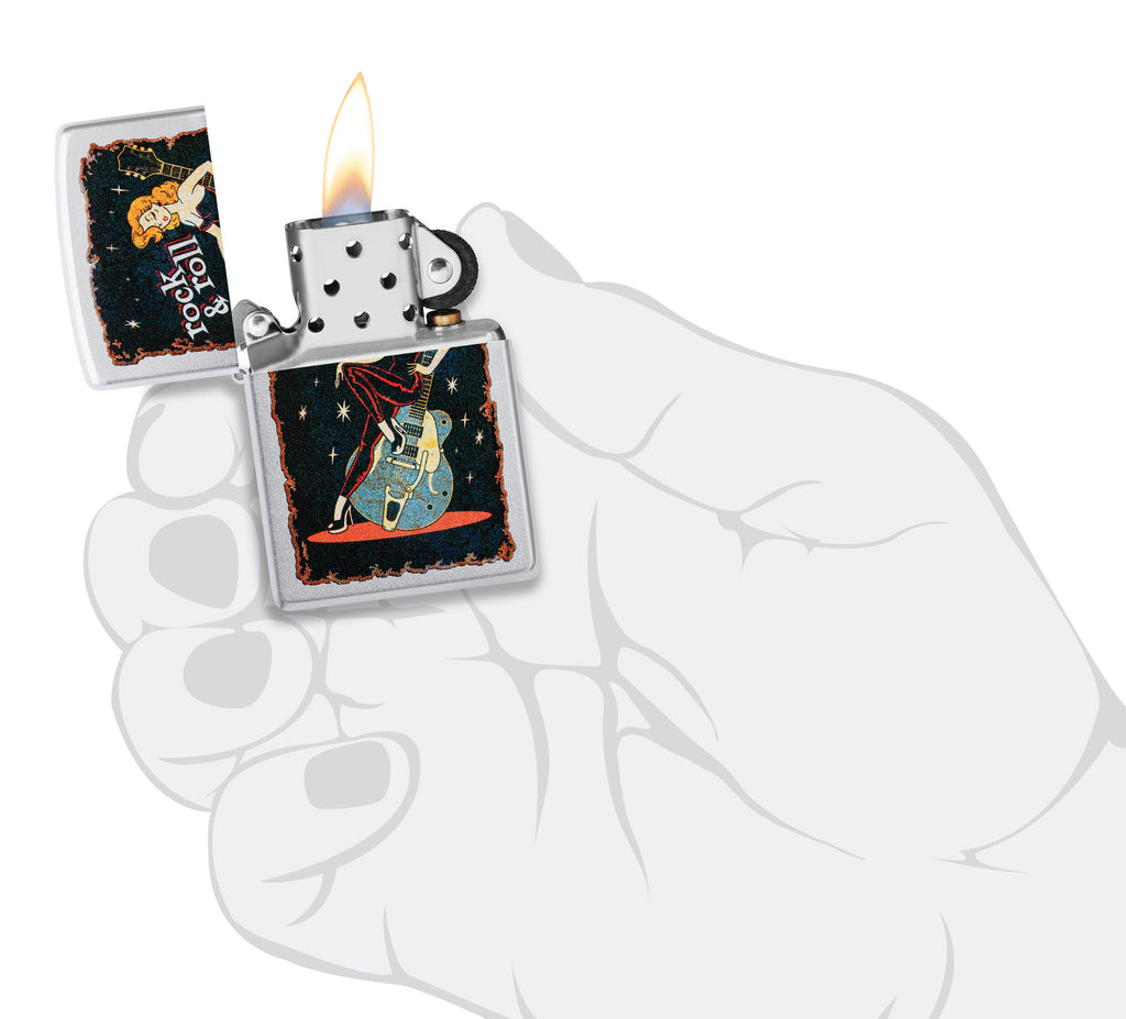 Zippo Cool Chick Rock and Roll, Satin Chrome Lighter #48930