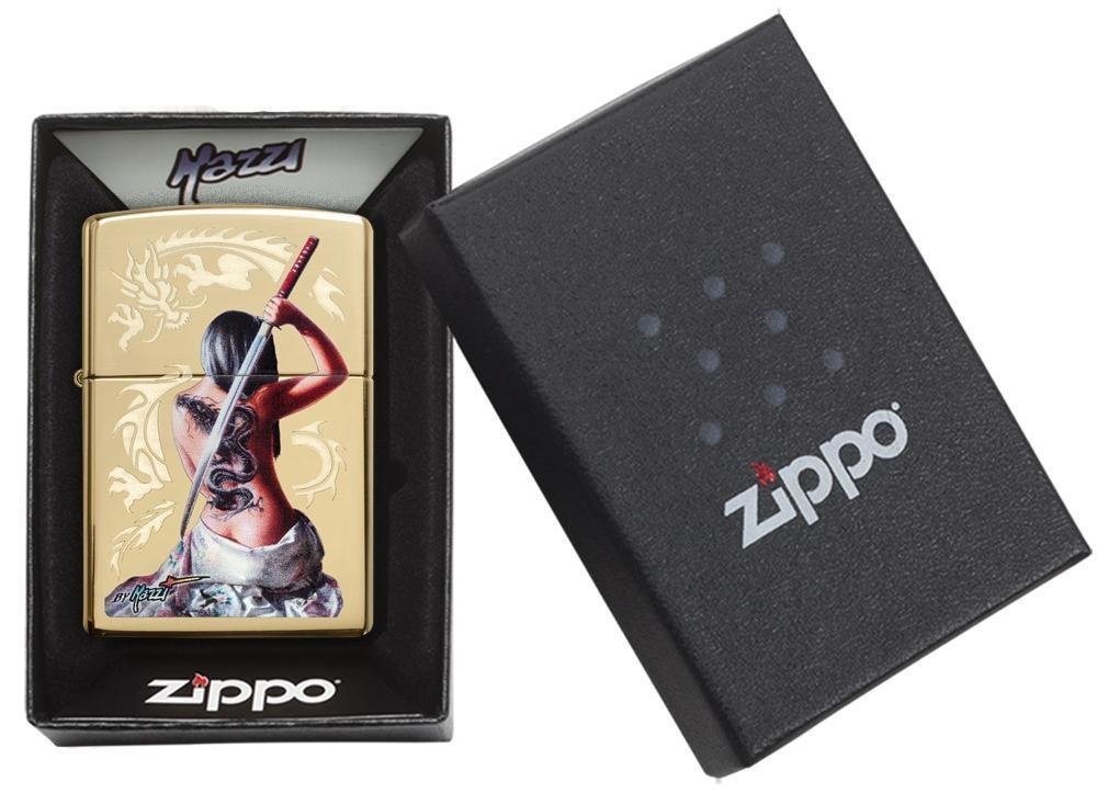Zippo Mazzi Girl With Dragon Tattoo Samurai, High Polish Brass Lighter #29668