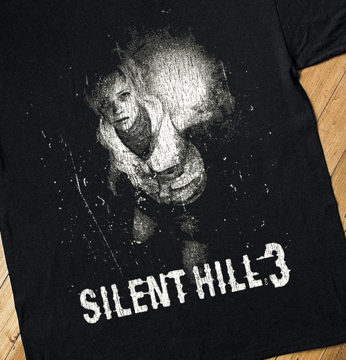 Black Silent Hill 3 PS2 T-shirt by Parallel featuring a close-up design inspired by the horror game.