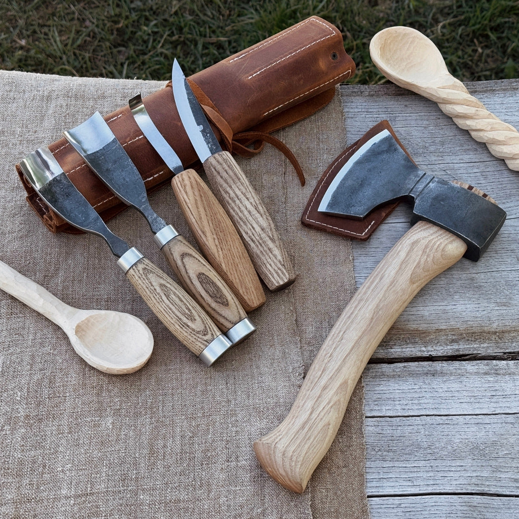 5-Piece Hand-Forged Carving Tool Set with Leather Tool Roll