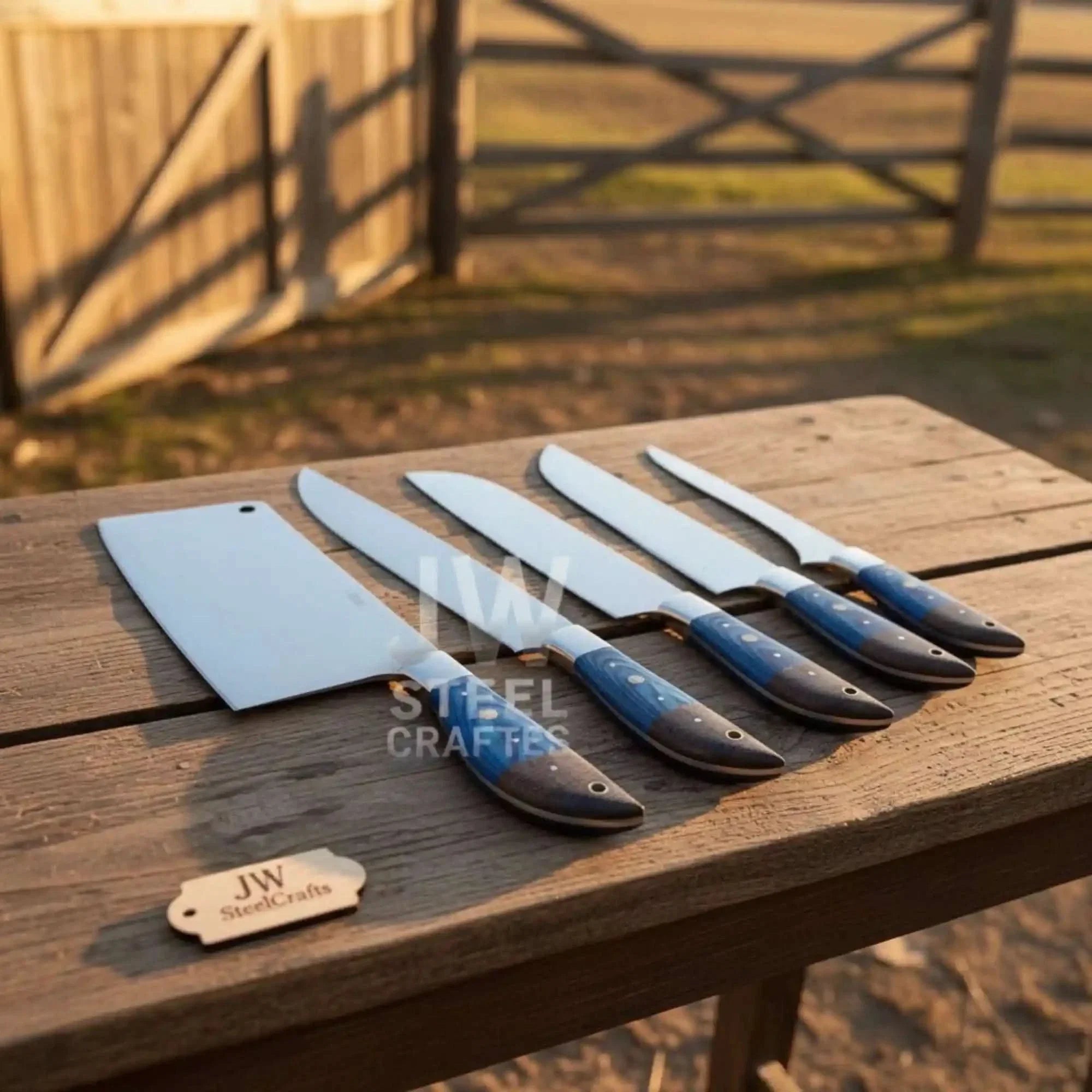 Blue Wood Damascus Chef Knife Set: 5-Piece Handmade Collection