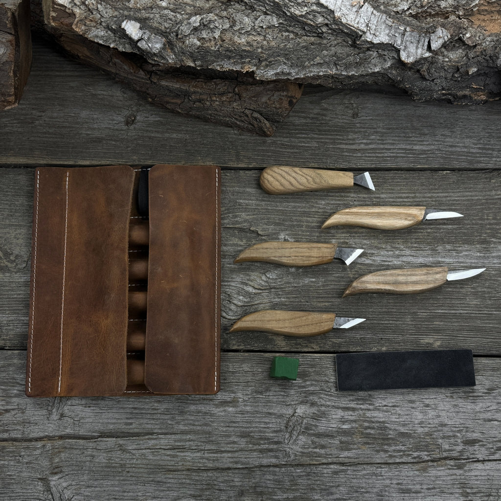 5-Piece Wood Carving Knife Set with Sharpening Board & Leather Case