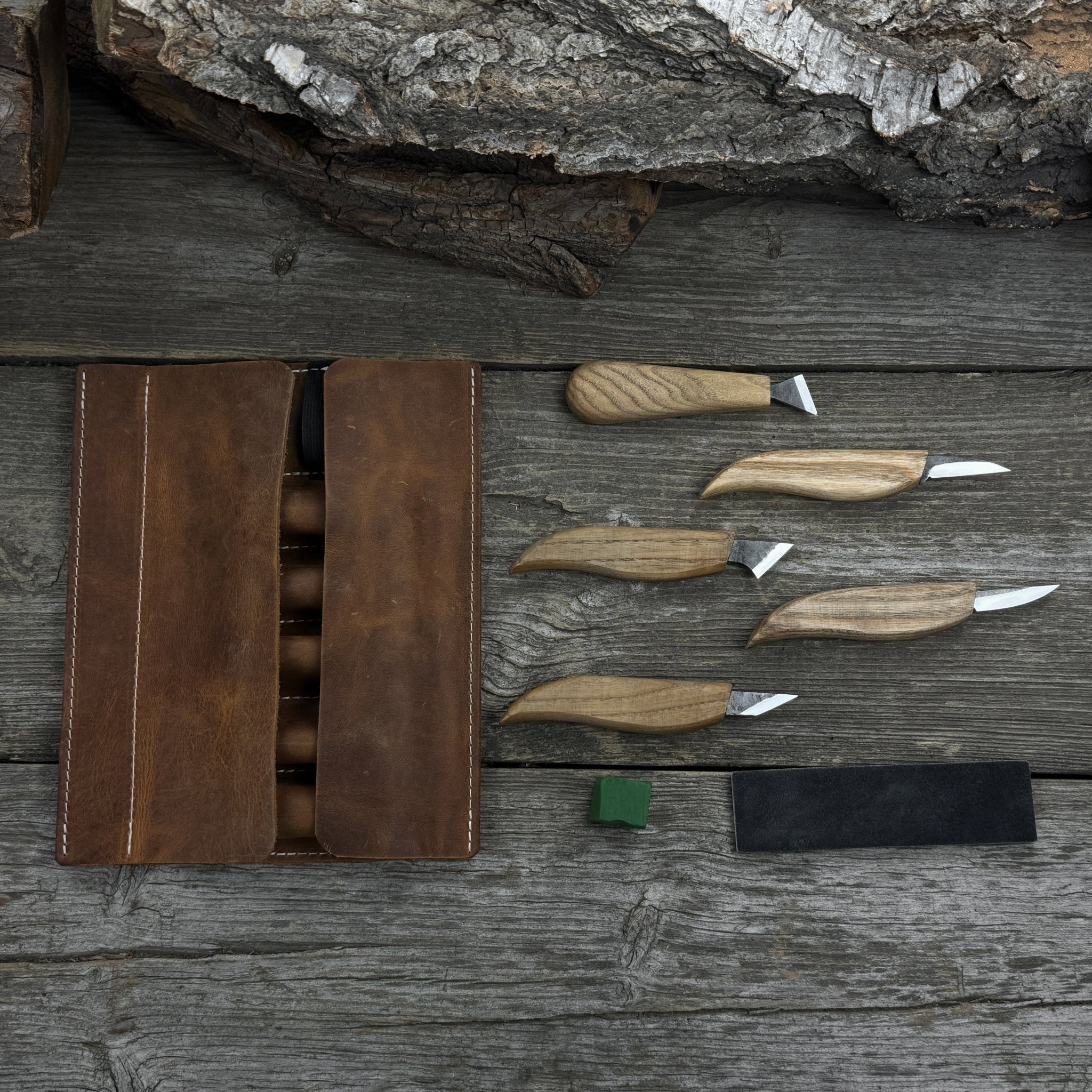 5-Piece Wood Carving Knife Set with Sharpening Board & Leather Case