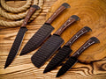 5 Pcs Damascus Kitchen Knife Set with Rosewood Handles & Leather Sheath