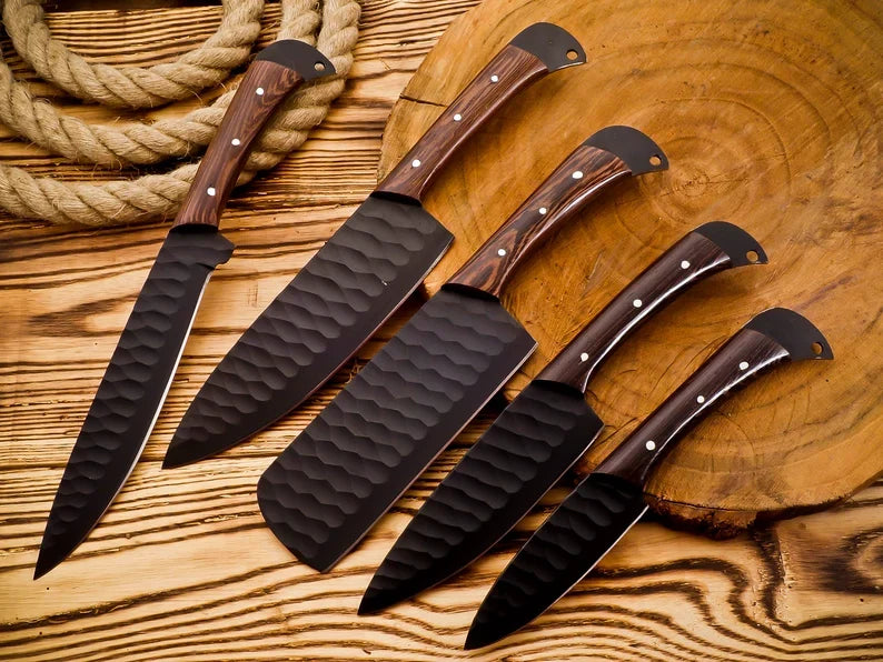 5 Pcs Damascus Kitchen Knife Set with Rosewood Handles & Leather Sheath