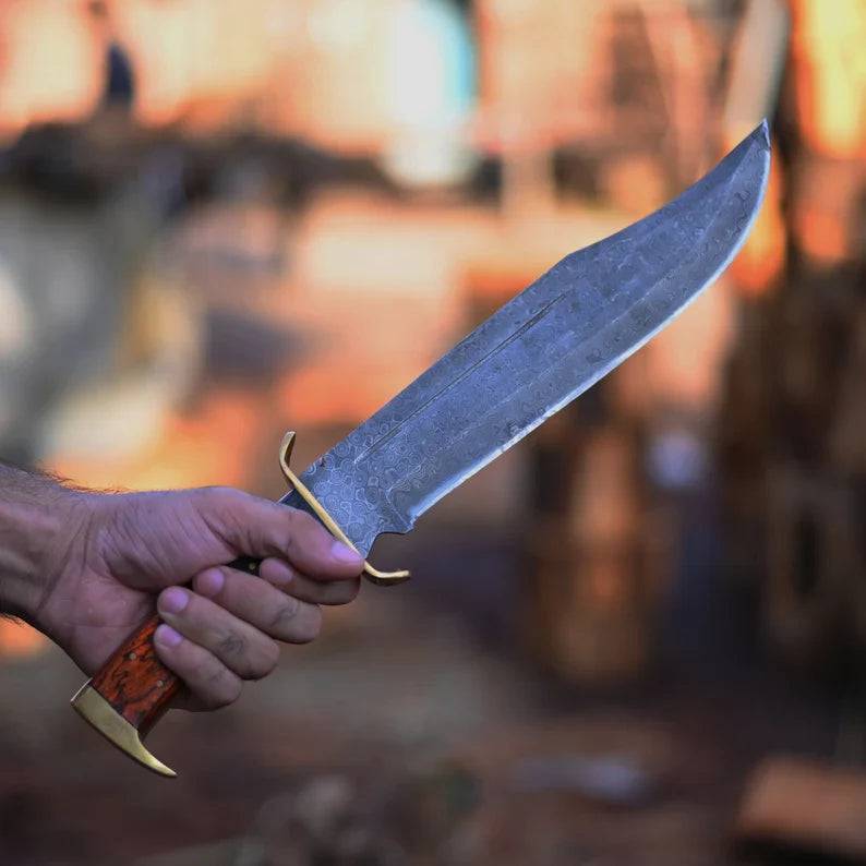 Premium handmade Damascus steel Rambo knife with brass wood handle and leather sheath by cskforged.