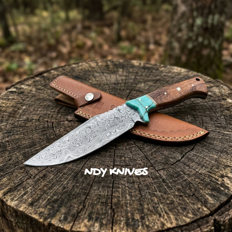 11" Damascus Steel Hunting Knife – Rosewood & Turquoise Accent