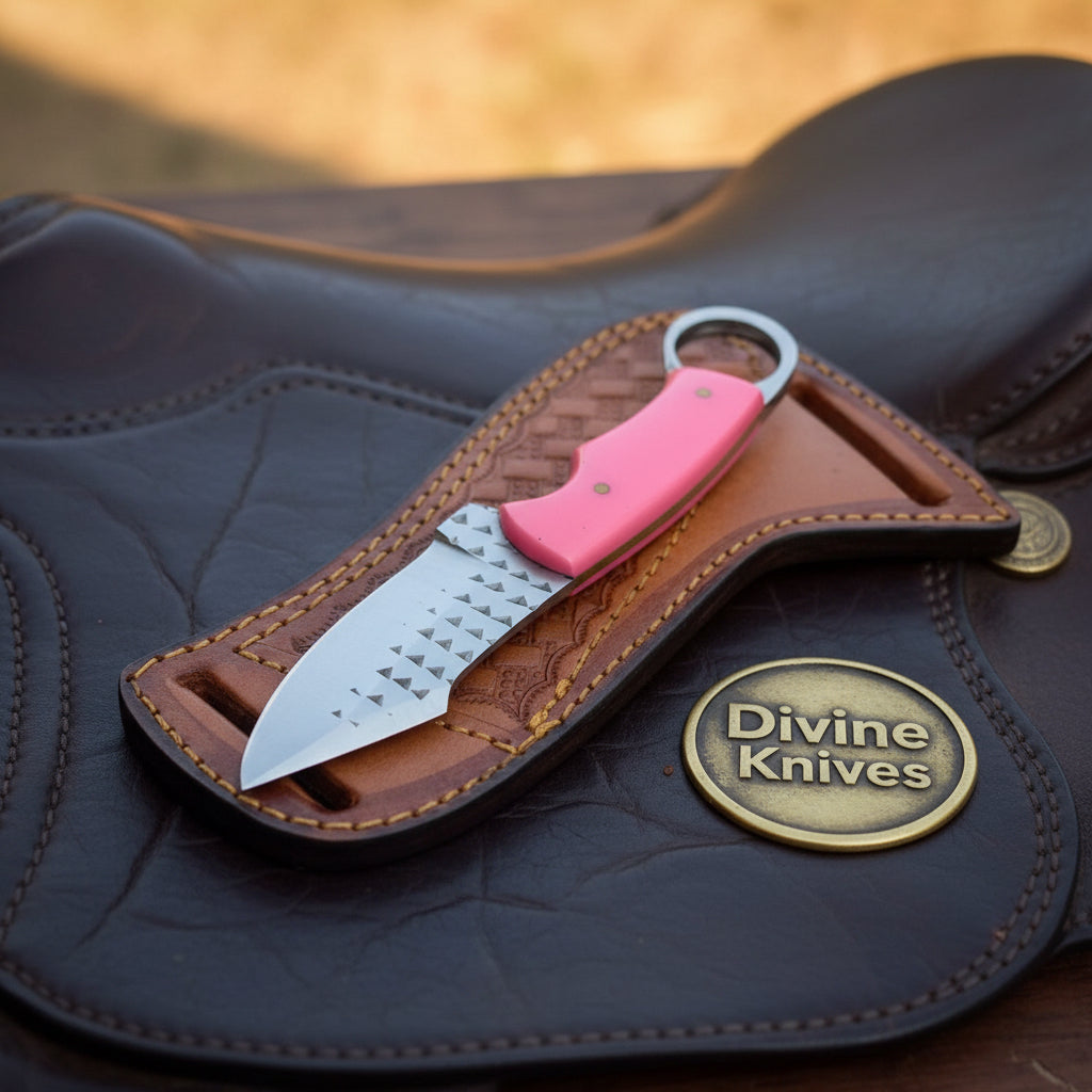 Pink Resin Rasp Ring Skinner Knife with Rasp File Blade