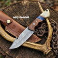 9" Damascus Steel Gut Hook Skinner – Rosewood & Camel Bone