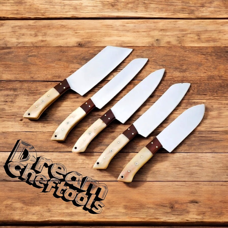 Stainless Knife Set – D2 Steel Blades with Camel Bone Handles & Rosewood Bolsters + Leather Roll Kit
