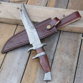 Unique Damascus Steel Bowie Knife with Rosewood Handle and Leather Sheath