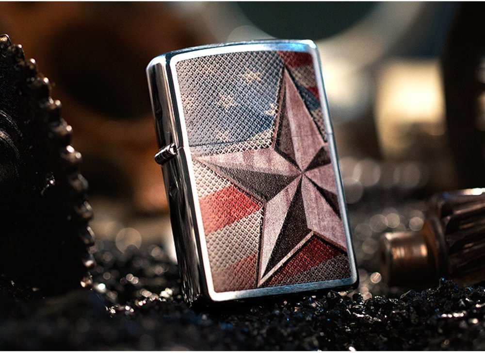 Zippo Retro Star and Flag, Brushed Chrome Lighter #28653