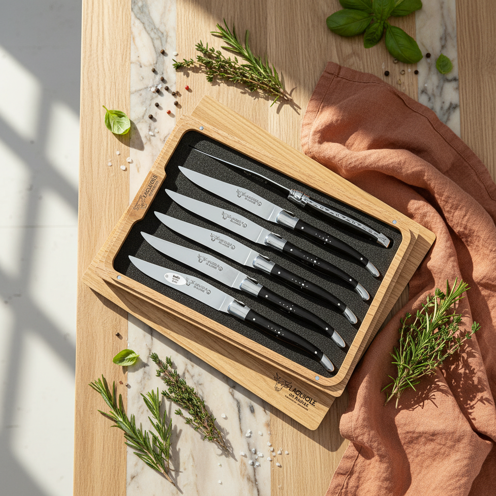 Laguiole en Aubrac Handcrafted 6-Piece Steak Knife Set with Buffalo Horn Handles