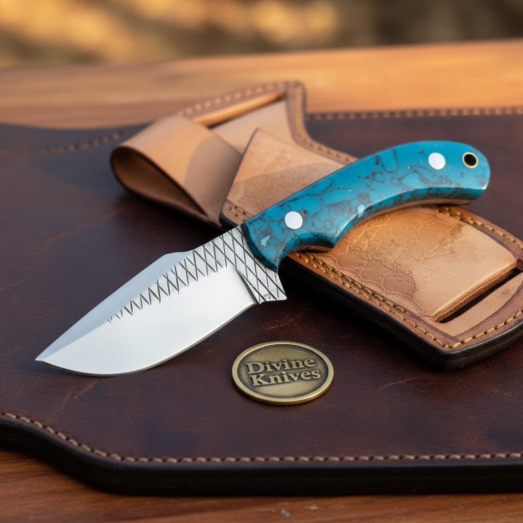 Turquoise Marble Rasp Cowboy Knife with Curved Rasp-Style Blade
