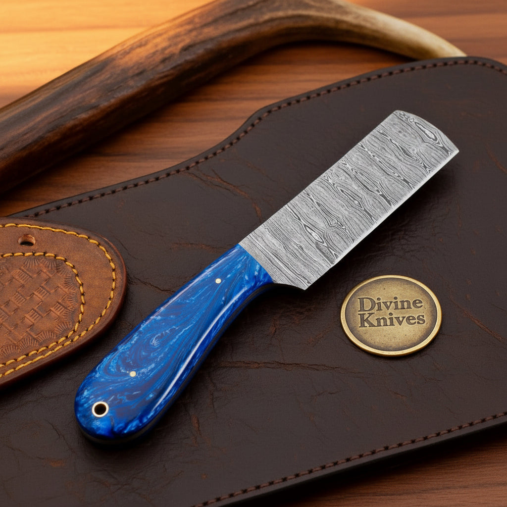 Hand-Forged Blue Resin Damascus Bull Cutter with Tooled Sheath