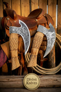 Norse Engraved Pizza Axe Pair with Skull and Wolf Heads