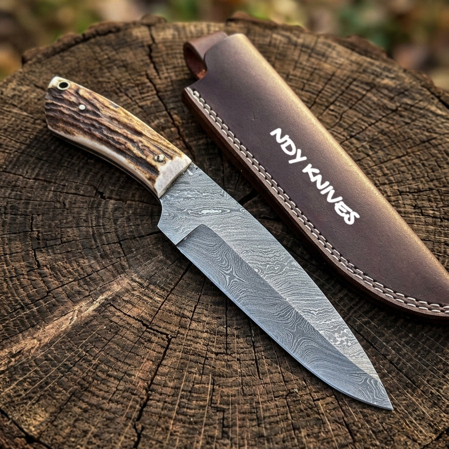 11" Damascus Steel Hunting Knife – Authentic Stag Handle