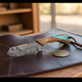 Turquoise Walnut Bull Cutter Knife with Flowing Damascus Blade