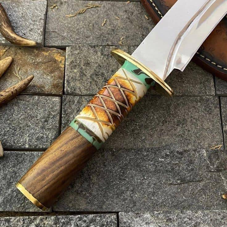 Custom handmade J2 Steel Bowie knife with rosewood, bone, and brass guard handle, 16-inch overall length from Knives Gear Garage.
