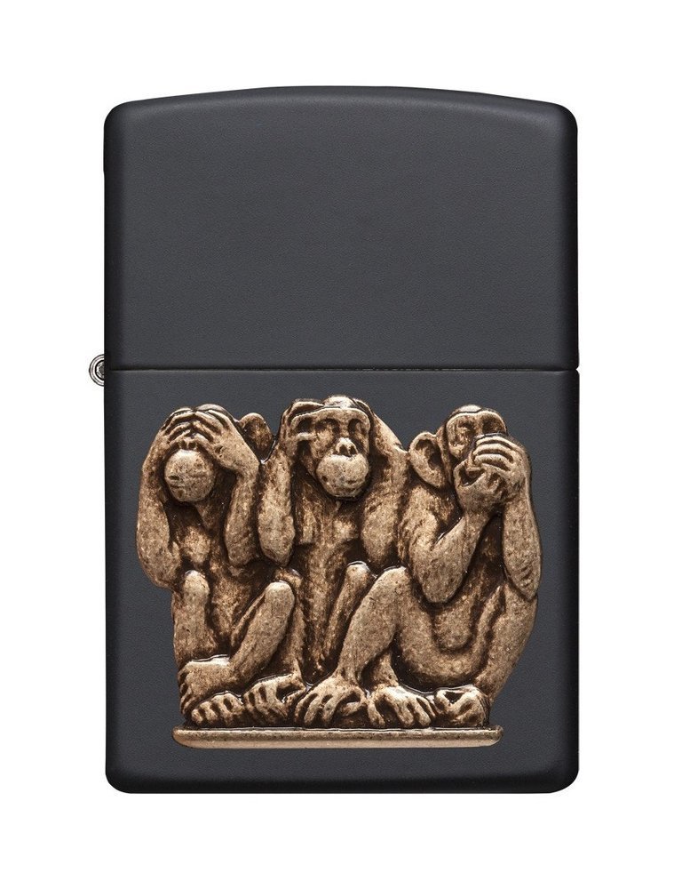 Zippo Three Monkeys Brass Emblem See No Evil, Black Matte Lighter #29409