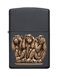 Zippo Three Monkeys Brass Emblem See No Evil, Black Matte Lighter #29409