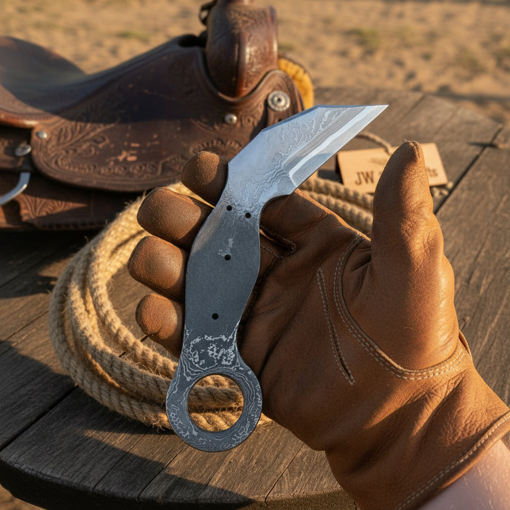 Rustler's Ring Karambit 8" handmade Damascus steel outdoor fixed blade knife | JW SteelCrafts