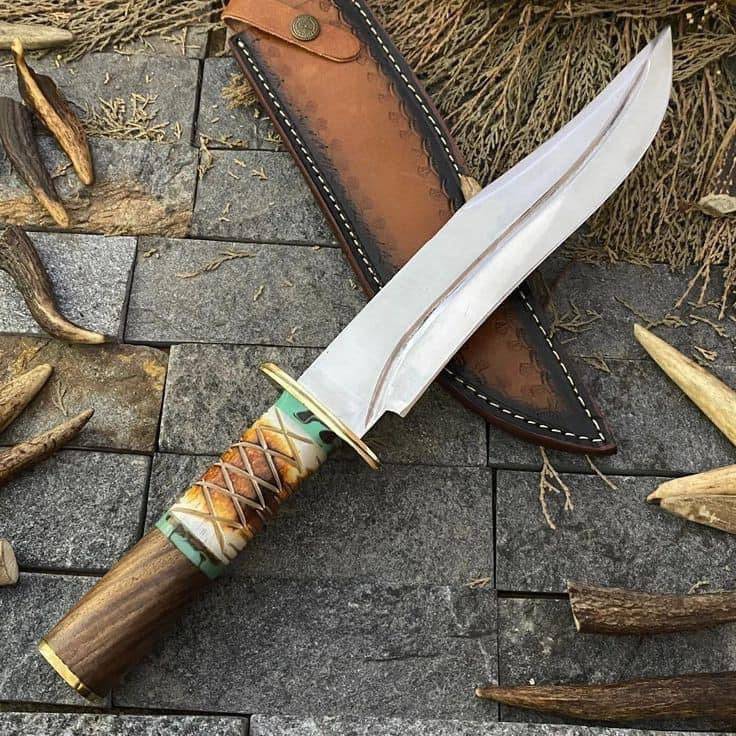Custom handmade J2 Steel Bowie knife with rosewood, bone, and brass guard handle, 16-inch overall length.