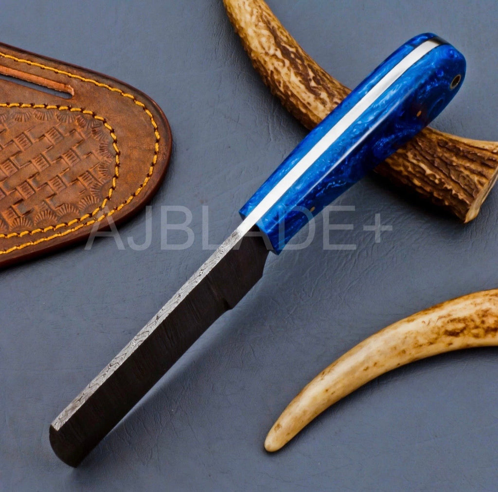 Hand-Forged Blue Resin Damascus Bull Cutter with Tooled Sheath