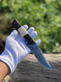Damascus steel hunting knife with bone and Wenge wood handle, full tang design, by Knives Gear Garage.