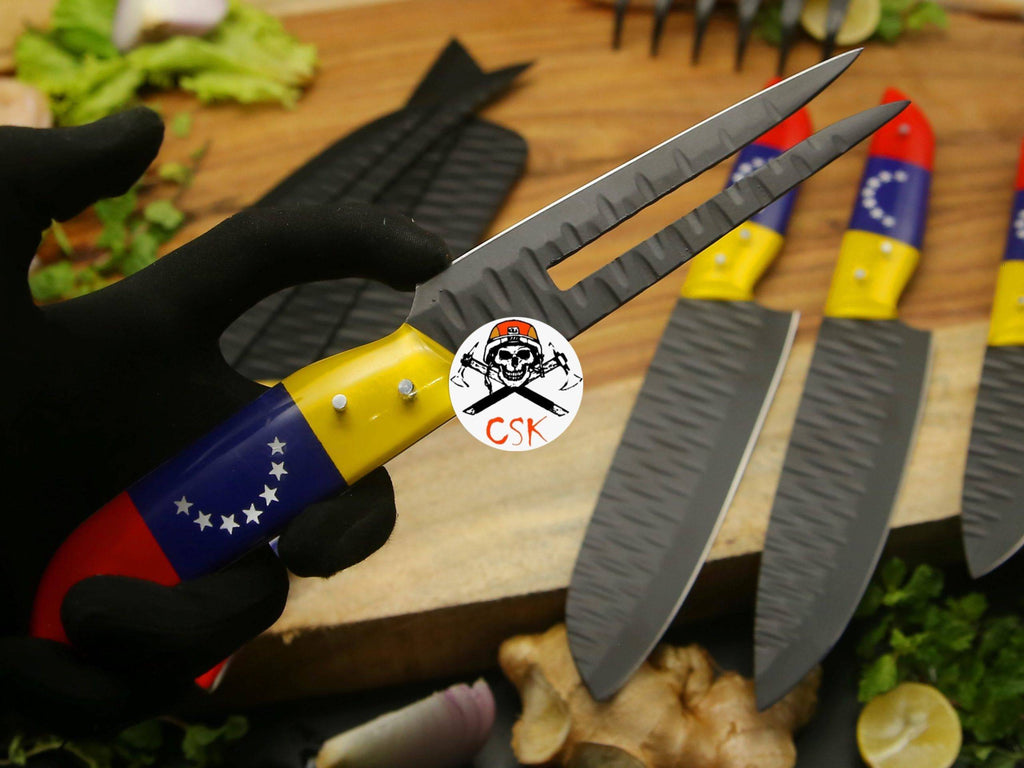 Black stainless steel chef knife by cskforged, featuring a sharp blade and ergonomic handle for precise kitchen cutting.