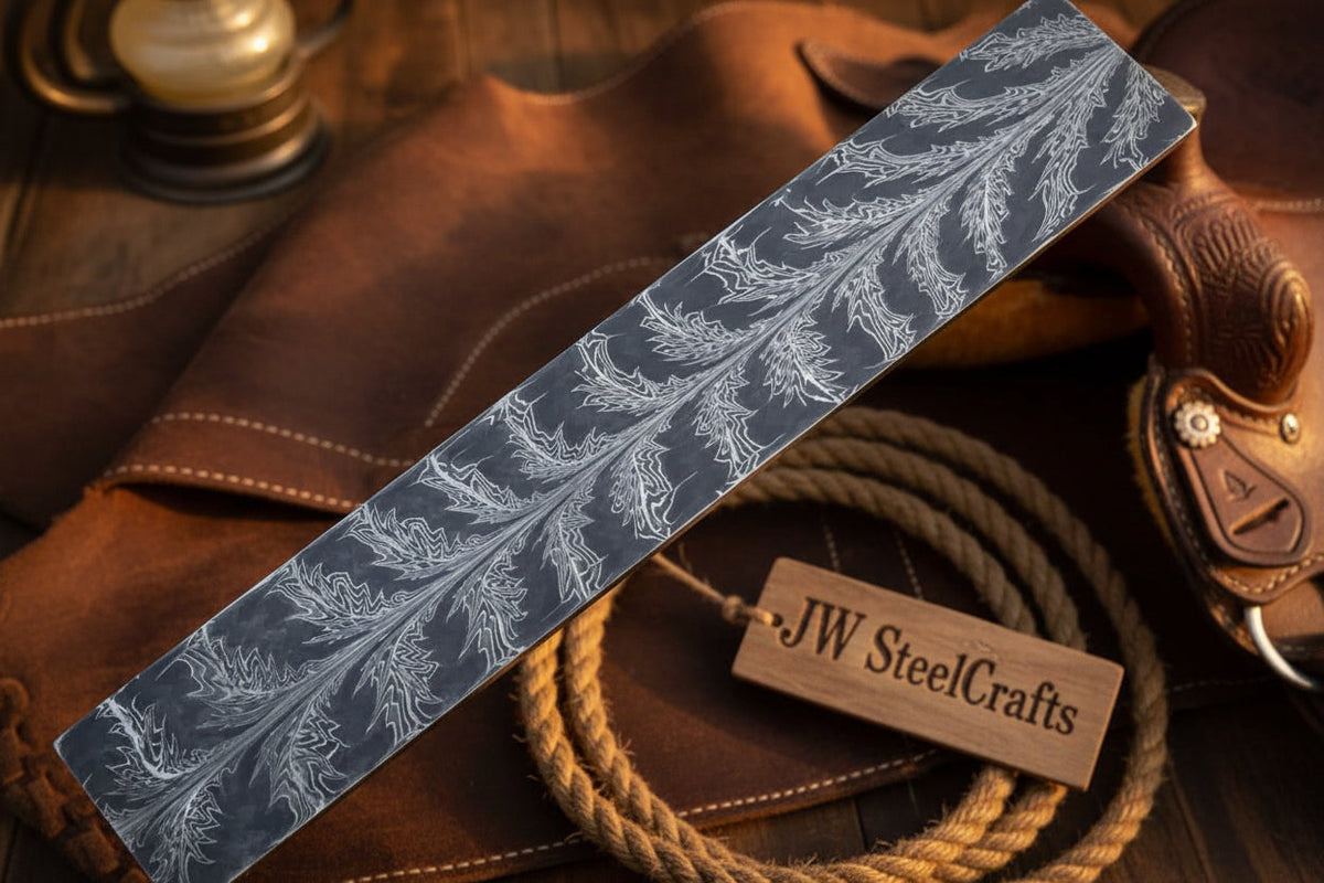 Frostleaf Damascus Billet 14 inch Feather Leaf Pattern steel - JW SteelCrafts | Relic & Reel