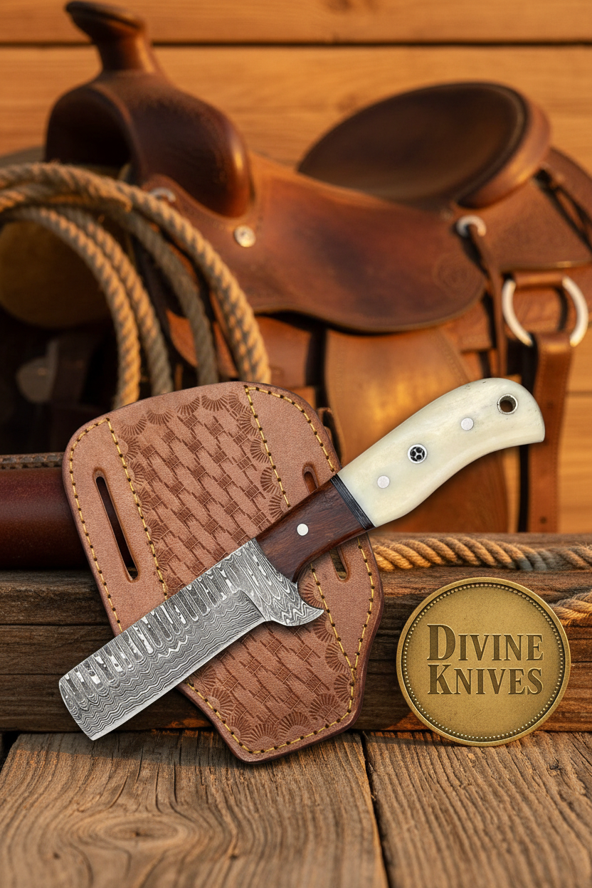 Bone and Wood Bull Cutter Knife with Wood Grain Damascus Blade