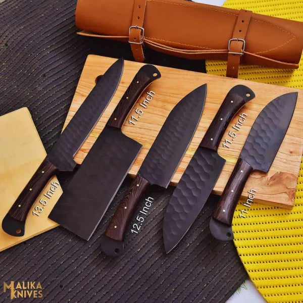Set of five MALIKA KNIVES kitchen knives for home chefs, featuring simple handles and sharp blades for precise cutting.