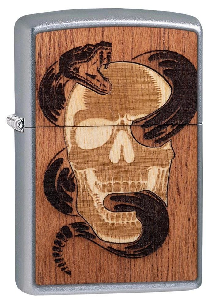 Zippo WOODCHUCK USA Skull & Snake 100% Real Wood, Street Chrome Lighter #49042