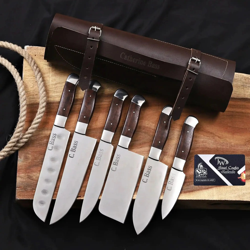 6-Piece High Carbon Steel Kitchen Knife Set with Leather Roll Olive Wood Handles, Steel Bolsters, 7 to 12 Inc