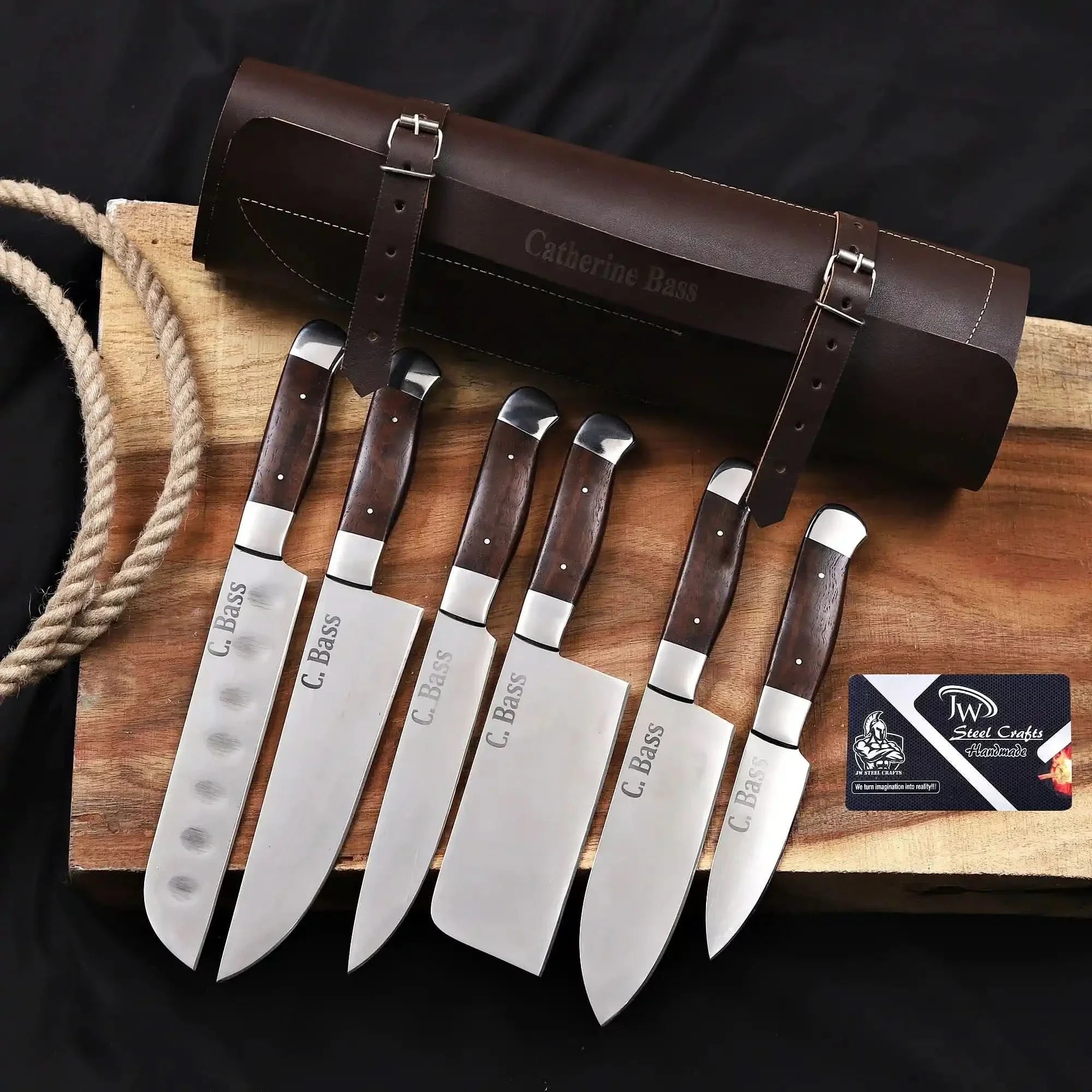 6-Piece High Carbon Steel Kitchen Knife Set with Leather Roll Olive Wood Handles, Steel Bolsters, 7 to 12 Inc