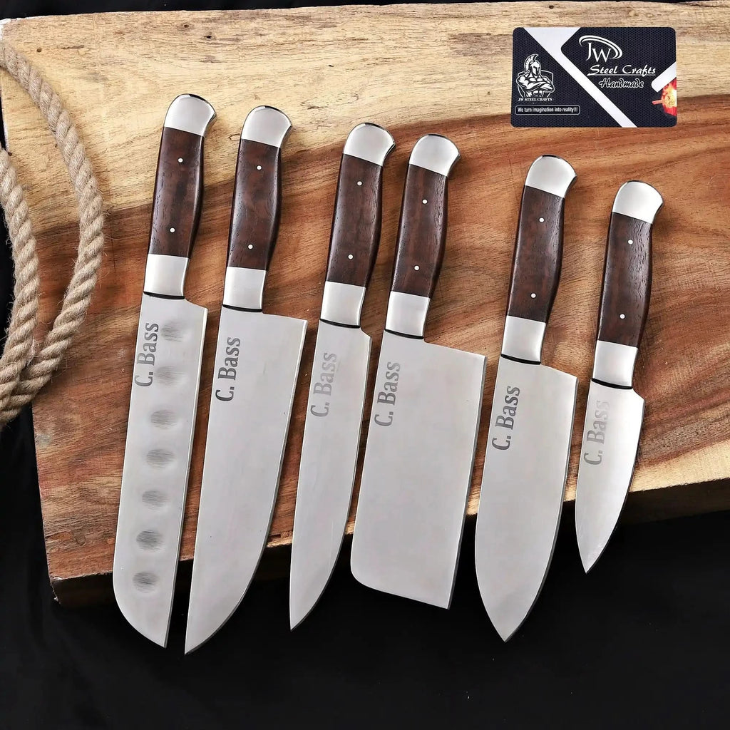 6-Piece High Carbon Steel Kitchen Knife Set with Leather Roll Olive Wood Handles, Steel Bolsters, 7 to 12 Inc