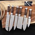 6-Piece High Carbon Steel Kitchen Knife Set with Leather Roll Olive Wood Handles, Steel Bolsters, 7 to 12 Inc