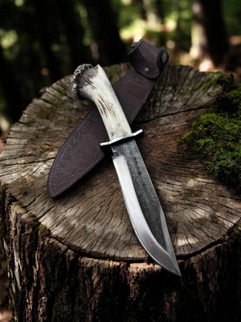 Handmade Bowie knife with high carbon steel blade and antler handle, crafted by Damascus Knife Store.