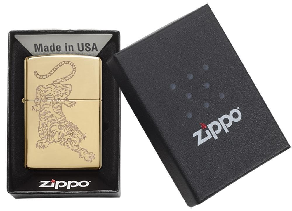 Zippo Tiger Engraved, High Polish Brass Lighter #29884